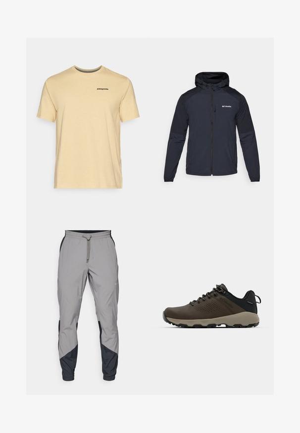 Vyriška striukė su gobtuvu tamsiai mėlynos spalvos, pagaminta iš lengvos, vandeniui atsparios medžiagos. Yra pilnas užtrauktukas, elastingi rankogaliai ir logotipas ant krūtinės.; Patagonia LOGO - Marškinėliai su spaudiniu - beeswax tan; Lengvas, pilkos sportinės kelnės su juodais akcentais. Elastingas juosmuo, raišteliu užsegimas, siaurėjantis kojų dizainas ir šoninės kišenės.; Rudi nepralaidūs sportbačiai su tekstūruota viršutine dalimi, perforuotomis detalėmis, juodu kulno palaikymu ir pilku guminio padu. Šniūreliai yra dekoruoti metaliniais galais.