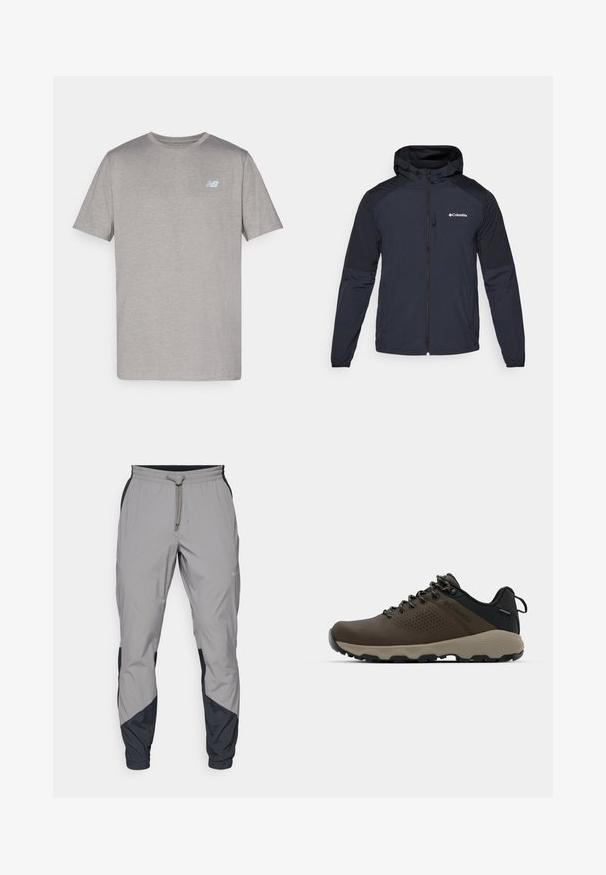 Hettejakke for menn i mørk marineblå, laget av lett, vannavvisende stoff. Har hel glidelås, elastiske mansjetter og en logo på brystet.; Grå kortermet t-skjorte laget av myk stoff med en subtil logo i lys blått på venstre bryst. Rund hals, normal passform.; Lettvektige, grå treningsbukser med svarte detaljer. Elastisk midjebånd, snøring, tapered benedesign og sidelommer.; Brune vanntette joggesko med teksturert overdel, perforerte detaljer, svart hæl støtte og en grå gummisåle. Snøring er stilisert med metalliske ender.