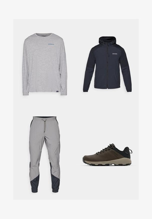 Herre jakke med hætte i mørk marineblå, fremstillet af letvægts, vandafvisende stof. Har en fuld lynlås, elastiske manchetter og et logo på brystet.; Lysegrå langærmet T-shirt lavet af blødt, struktureret stof. Har rund hals og et lille blåt Patagonia-logo på brystet.; Lettere, grå atletiske bukser med sorte detaljer. Elastisk talje, snøre lukning, tapered ben-design og sidelommer.; Brune vandtætte sneakers med en tekstureret overflade, perforerede akcenter, sort hælunderstøttelse og en grå gummisål. Snørebåndene er udsmykket med metalender.