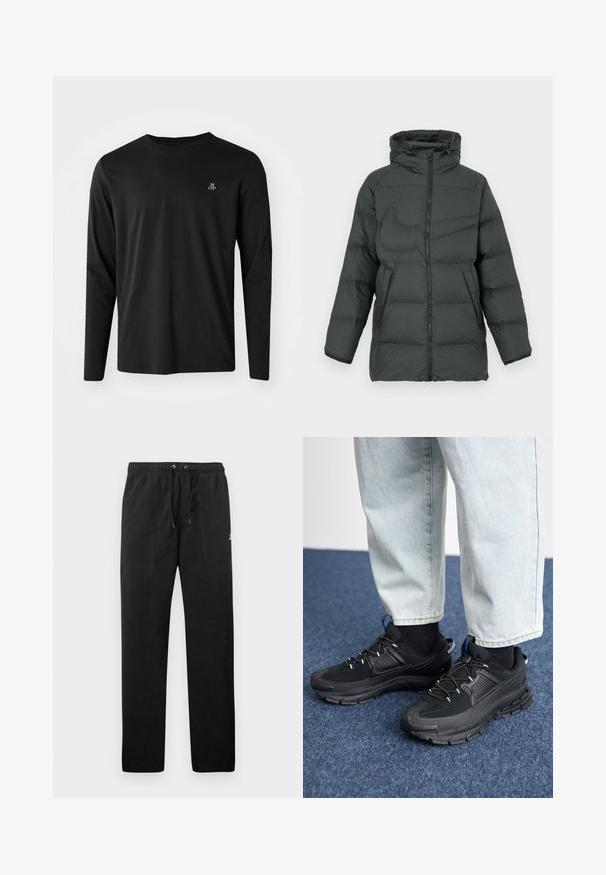 Gewatteerde jas in donkergrijs met een capuchon, voorzien van een ritssluiting aan de voorkant, twee zijzakken en een doorgestikte textuur voor isolatie.; Zwarte langemouwen t-shirt gemaakt van katoen, met een ronde hals en een klein wit logo op de linkerkant van de borst. Eenvoudig ontwerp.; Zwarte sweatpants van fleece, met een elastische tailleband met trekkoorden, twee voorzakken en een klein logo op de dij.; Zwarte sportschoenen met gestructureerde stof en rubberen zolen, met elastische veters en een blauwe accent op de hiel. Draag samen met lichte spijkerbroeken.