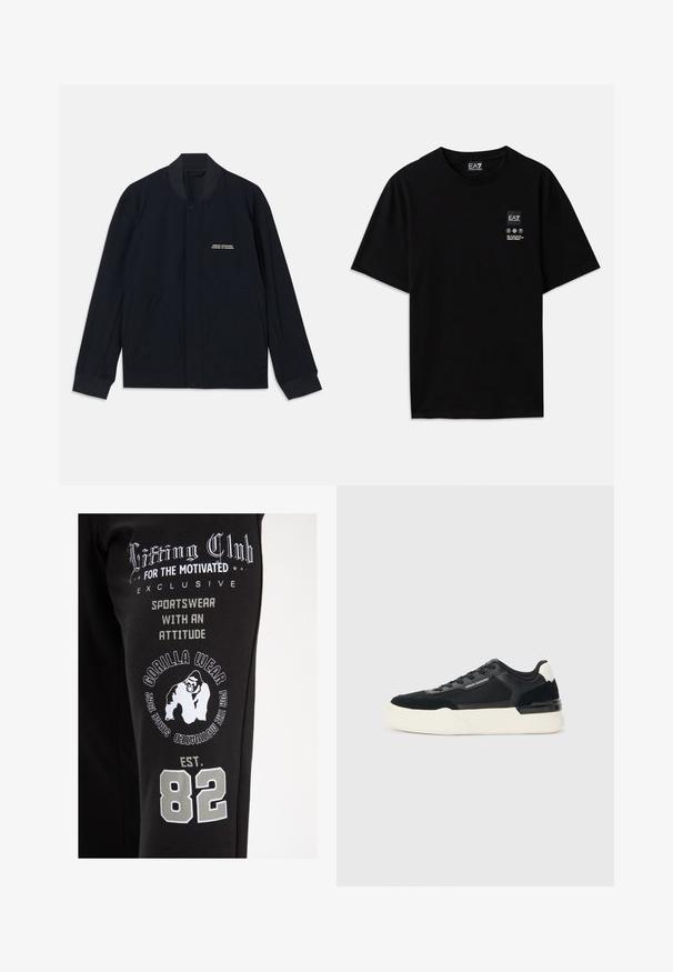 Mornarsko modra jakna iz bombažne tkanine, z okroglim ovratnikom, zapiranjem na pritisne gumbe in dvema velikima okroglima žepoma. Minimalno označevanje blagovne znamke.; Črna bombažna majica s kratkimi rokavi, okroglim izrezom in majhnim logotipom spredaj, ki vključuje simbole za nego v beli barvi.; Črne športne obleke z belimi odtisi, vključno s tekstom in logotipom gorile, z sivimi akcenti in poudarjeno letnico "82".; Črne superge iz mrežastega materiala in usnja, z debelim belim podplatom in kontrastnimi poudarki. Pertle in detajl logotipa ob strani.