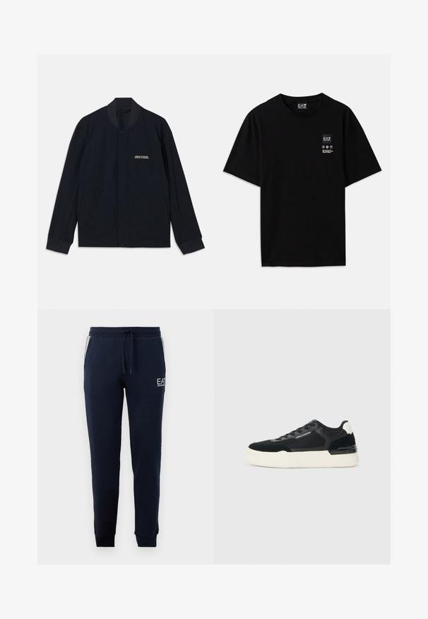 Mornarsko plava jakna napravljena od pamučne tkanine, s okruglim ovratnikom, kopčanjem na dugmiće i dva velika zaobljena džepa. Minimalno brendiranje.; Crna pamučna majica s kratkim rukavima, okruglim izrezom i malom oznakom logotipa sprijeda koja sadrži simbole za njegu u bijeloj boji.; Tamno plave trenirke od mekog materijala, sa pojasom na vezanje i bočnim prugama, sa malim logom na lijevom bedru.; Crne tenisice od mrežaste tkanine i kože, s debelim bijelim potplatom i kontrastnim detaljima. Šnure i logo detalj sa strane.