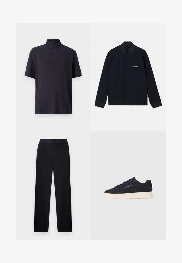 Marineblå jakke laget av bomullsstoff, med rund krage, trykknapplukking og to store buede lommer. Minimal merkevare inkludert.; Marineblå kortermet polo med et strukturert mønster, med knapplist og kontrasterende krage. Myk stoffkvalitet, avslappet passform.; Sorte bukser med lett og teksturert stoff, rett ben-design, elastisk midjebånd og sidelommer med glidelås.; Marineblå ankelhøyde sneakers i semsket skinn med hvit såle, marineblå snøringer, og "Filling Pieces"-logo i gull på siden.