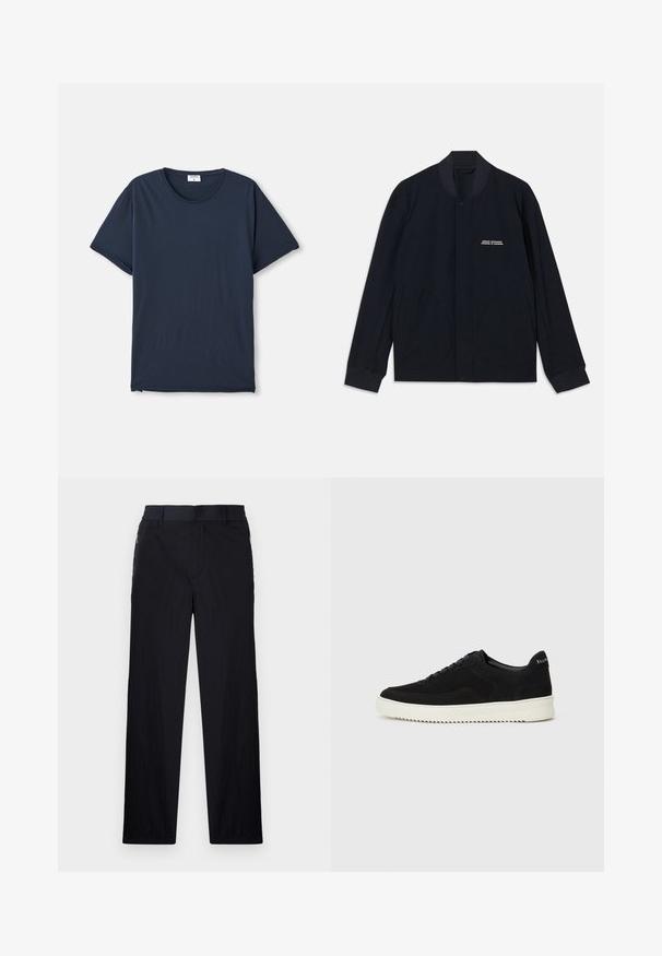 Jachetă albastru marin din țesătură de bumbac, cu guler rotund, închidere cu buton tip snap și două buzunare mari rotunde. Brand minimal inclus.; Tricou cu mânecă scurtă și guler rotund, de culoare bleumarin, cu o etichetă albă mică în interiorul gulerului, pe un fundal alb.; Pantaloni negri dintr-un material ușor, texturat, cu croială drept pentru picioare, talie elastică și buzunare laterale cu fermoar.; Adidași negri din suede cu design cu șireturi și talpă din cauciuc alb contrastant. Prezintă panouri laterale texturate și branding subtil pe toc.