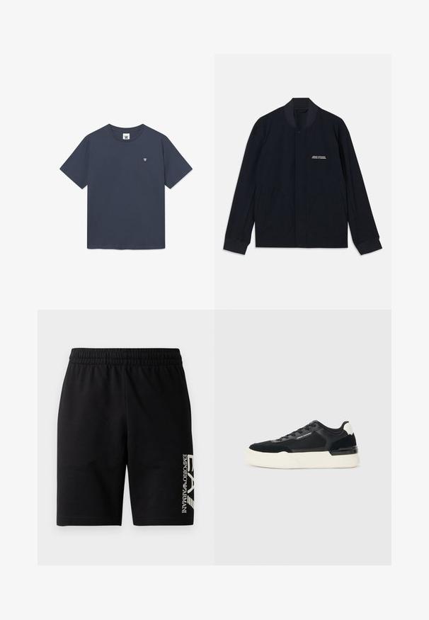 Veste bleu marine en tissu de coton, avec un col rond, une fermeture à pression et deux grandes poches arrondies. Branding minimal inclus.; T-shirt bleu marine en coton avec un col rond, des manches courtes et un petit logo brodé sur la poitrine gauche. Texture de tissu lisse.; EA7 Emporio Armani TRAIN VISIBILITY  - Short - black/cream; Baskets noires en mesh et en cuir, avec une épaisse semelle blanche et des accents contrastés. Lacets et logo sur le côté.