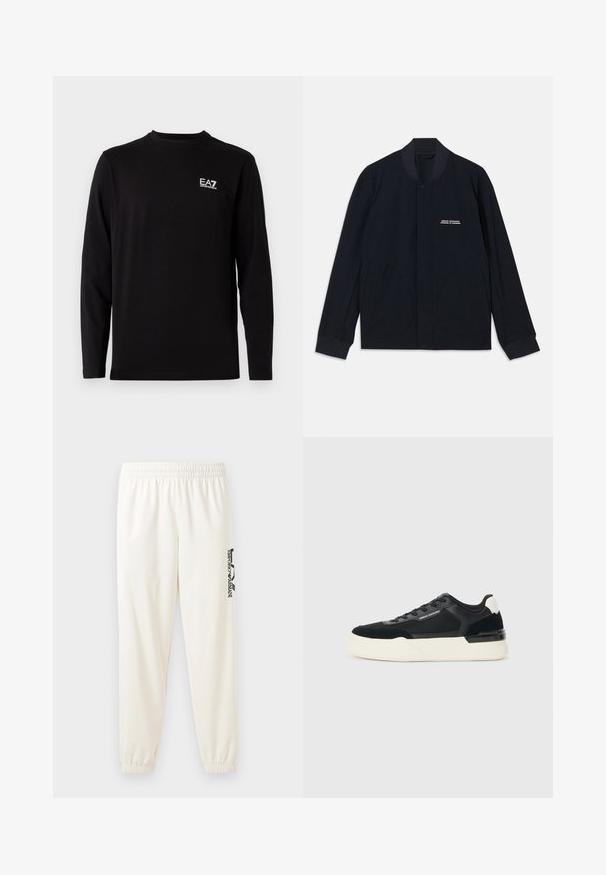 Námornícky modrá bunda vyrobená z bavlnenej tkaniny, so zaobleným golierom, uzatváraním na cvoky a dvoma veľkými zaoblenými vreckami. Obsahuje minimálne označenie značky.; Čierna košeľa s dlhým rukávom vyrobená z mäkkej tkaniny. Obsahuje malé biele logo na ľavej strane hrude. Jednoduchý, okrúhly výstrih a rovný strih.; Svetlo béžové tepláky s elastickým pásom a elastickými manžetami. Na ľavej nohe sa nachádza čierny potlačený logo. Mäkká textúra látky.; Čierne tenisky vyrobené z textílie a kože, s hrubou bielou podrážkou a kontrastnými akcentmi. Šnúrky a detail loga na boku.