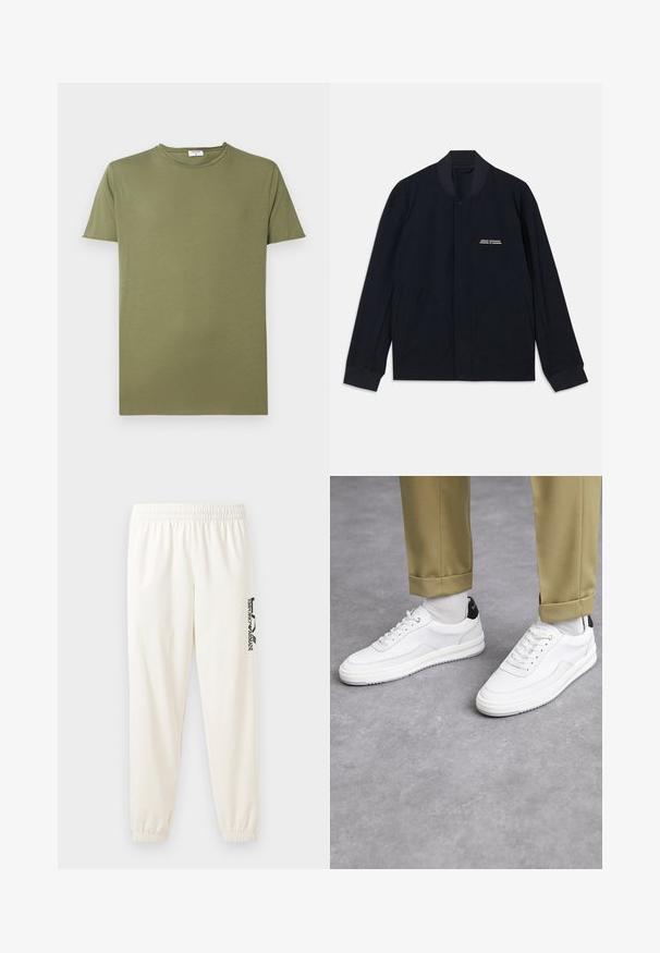 Navy blue jacket made from cotton fabric, featuring a round collar, snap button closure, and two large rounded pockets. Minimal branding included.; Olive green t-shirt made of soft cotton, featuring a classic crew neck and short sleeves. The fabric has a smooth, even texture.; Light beige sweatpants with an elastic waistband and elastic cuffs. Features a black printed logo on the left leg. Soft fabric texture.; White sneakers with a textured leather finish, rounded toe, and black heel accent. Rubber sole with small tread pattern and stitched detail.