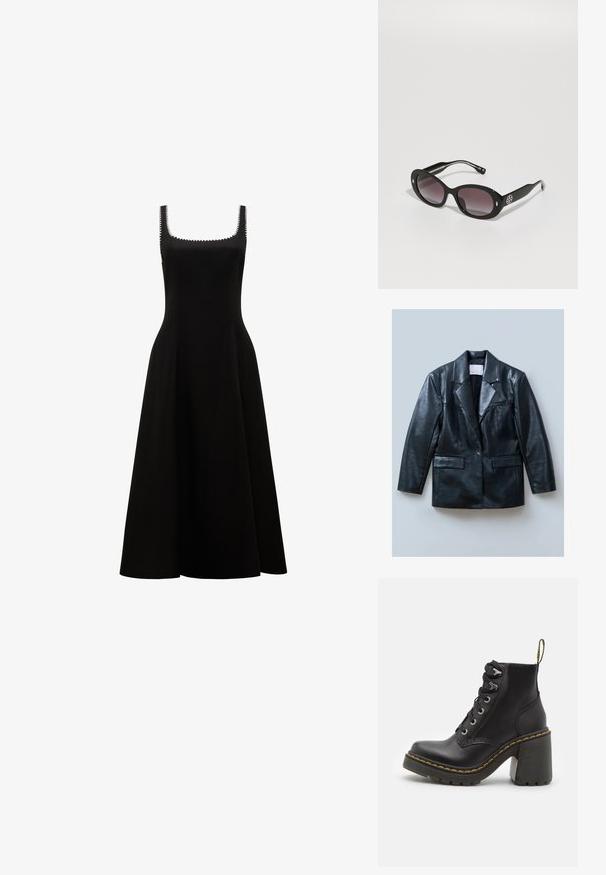 Musta nahkatakki, jossa on lovellinen kaulus, yksittäinen nappikiinnitys, kaksi etutaskua ja sileä, kiiltävä tekstuuri.; Forever New SOLENE CONTRAST WHIP STITCH MIDI - Juhlamekko - black/white; Musta pitkähihainen paita, jossa on ribbikuvio ja läpinäkyvät verkkoalueet hartioilla. Yhdistetty korkeavyötäröisten mustien housujen kanssa.; Musta nahkasaapas nilkkamittaisella varrella, jossa on paksu korkea kenkä, nauhakiristys edessä, metalliset rei'itykset ja keltainen ommel pohjan reunassa. Teksturoitu kumipohja.; Mustat aurinkolasit, joissa on tummansävyinen harmaa linssi, ovaali muoto, kiiltävä pinta, ja joissa on näkyvä logo sivussa sekä hopeiset yksityiskohdat.