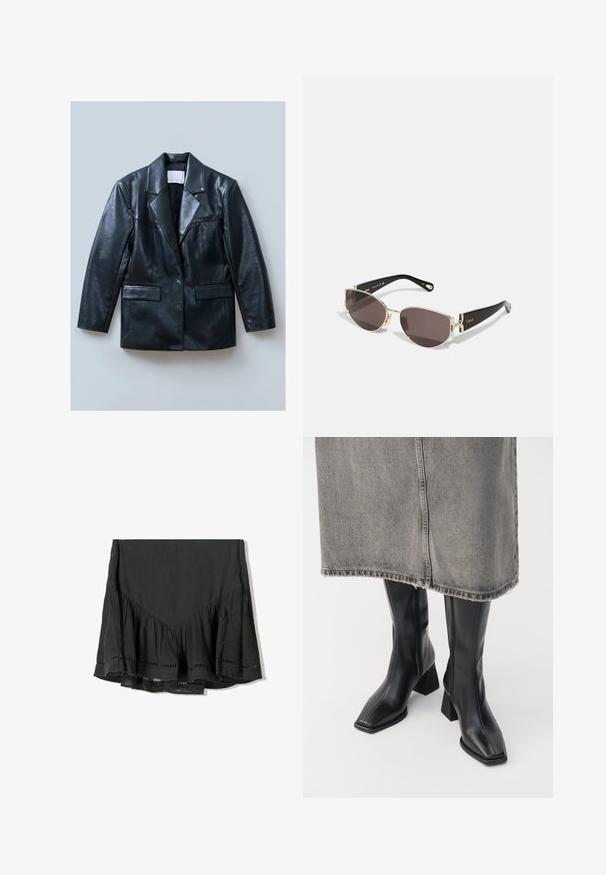 Zwarte leren blazer met een gelapte revers, een enkele knoopsluiting, twee voorkruiszakken en een gladde, glanzende textuur.; Olijfgroene gebreide trui met een ronde hals, lange mouwen en een geribde zoom. Beschikt over een cropped ontwerp met een zachte, gestructureerde afwerking.; Zwarte rok met een gelaagde ruches onderrand, gemaakt van textuurstof. Heeft uitsnijdingen langs de onderrand en een V-vormig ontwerp bovenaan.; Zwarte laarzen tot de knie van soepel leer met een vierkante neus en blokhak. Draag ze met een grijze denim rok met een rafelige zoom.; Zwarte en gouden zonnebril met een smal, ovaal frame, donkere lenzen en decoratieve hardware bij de veren. Lichtgewicht en slank ontwerp.