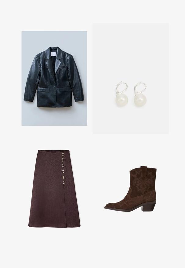 Czarna skórzana marynarka z klapami, z jednorzędowym zapięciem na guzik, dwoma przednimi kieszeniami i gładką, błyszczącą teksturą.; Czarna bluzka z długim rękawem o prążkowanej fakturze i przezroczystymi wstawkami z siateczki na ramionach. Połączona z czarnymi spodniami o podwyższonej talii.; Bordowa spódnica midi o marszczonej fakturze, z rozcięciem z przodu i dekoracyjnymi guzikami w kształcie kamieni po lewej stronie.; Brązowy zamszowy but kowbojski z wąskim noskiem, ozdobnymi wzorami przeszyć, wysokością do kostki oraz klinowym obcasem. Posiada uchwyt ułatwiający zakładanie.; Kolczyki w kształcie łezki z perłami, o polerowanej powierzchni, z srebrnym zapięciem na lever back oraz okrągłymi, białymi perłami. Prosty, klasyczny design.