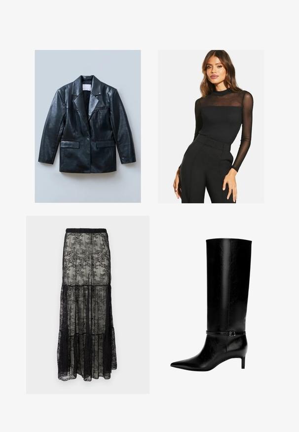 Musta nahkatakki, jossa on lovellinen kaulus, yksittäinen nappikiinnitys, kaksi etutaskua ja sileä, kiiltävä tekstuuri.; Musta pitkähihainen paita, jossa on ribbikuvio ja läpinäkyvät verkkoalueet hartioilla. Yhdistetty korkeavyötäröisten mustien housujen kanssa.; Musta pitsinen maksi-hame, jossa on kerroksellinen muotoilu, joustava vyötärö ja kukkakuviot. Materiaali on läpikuultavaa ja pehmeää.; Mustat nahkasaappaat polven yli, joissa on terävä kärki ja pieni korko. Niissä on kapea hihna metallisoljella nilkan ympärillä. Suora pinta.