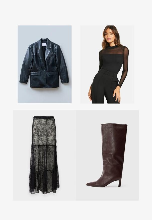 Blazer de cuero negro con solapa muestrera, cierre de un solo botón, dos bolsillos delanteros y una textura suave y brillante.; Top negro de manga larga con textura acanalada y detalles de malla transparente en los hombros. Combinado con pantalones negros de cintura alta.; Falda maxi de encaje negro con un diseño escalonado, que cuenta con una cinturilla elástica y patrones florales. El material es transparente con una textura suave.; Bota de cuero marrón oscuro, alta, con puntera afilada y tacón delgado de altura media, sobre fondo blanco liso.