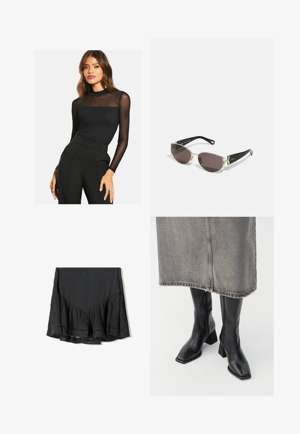 Crni kožni sako s rebrastim reverom, jednostrukim zatvaranjem na dugme, dva prednja džepa i glatkom, sjajnom teksturom.; Crna majica dugih rukava s rebrastom teksturom i prozirnim mrežastim detaljima na ramenima. Uparena s crnim hlačama visokog struka.; Crna suknja s višeslojnim volanom na rubu, izrađena od teksturiranog materijala. Sadrži izreza na donjem rubu i dizajn u obliku slova V na vrhu.; Crne čizme do koljena od glatke kože s pravim vrhom i blok-petom. Uparene s sivi traper suknjom s rastrganim rubom.; Crne i zlatne sunčane naočale s uskim ovalnim okvirom, tamnim staklima i dekorativnim detaljima na nosivcima. Lagani i elegantni dizajn.