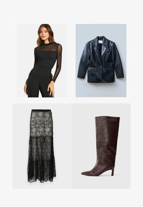 Černý kožený blejzr s klopeným límcem, jednořadým zapínáním na knoflík, dvěma předními kapsami a hladkou, lesklou texturou.; Černý top s dlouhým rukávem, ribovanou texturou a průhlednými síťovými detaily na ramenou. V kombinaci s černými kalhotami s vysokým pasem.; Černá krajková maxi sukně s vrstveným designem, s elastickým pasem a květinovými vzory. Materiál je průsvitný s jemnou strukturou.; Vysoká tmavohnědá kožená bota s špičatou špičkou a štíhlým středně vysokým podpatkem na jednobarevném bílém pozadí.