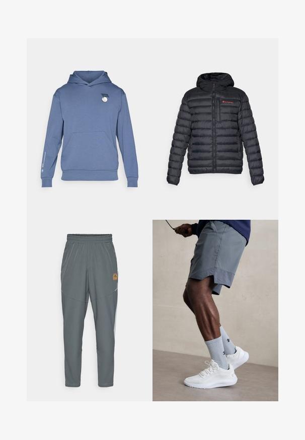 Juodas pūkinis švarkas su užtrauktuku, gobtuvu ir siūtu dizainu. Kairėje krūtinės pusėje yra mažas raudonas "Champion" logotipas. Tekstūruota, izoliuota medžiaga.; Mėlynas gobtuvėlis su priekine kišene, su BMW PGA čempionato logotipu ant krūtinės ir rankovės.; Pilkos sportinės kelnės su elastine juosmena, siaurėjantis dizainas, atspindinčios detalės ir mažas geltonas logotipas kairėje šlaunyje.; Balti sportiniai bateliai su tekstūruotu tinkleliu viršuje, derinami su šviesiai mėlynomis ribotomis kojinėmis su logotipu. Pilki sportiniai šortai su perforuota apdaila.