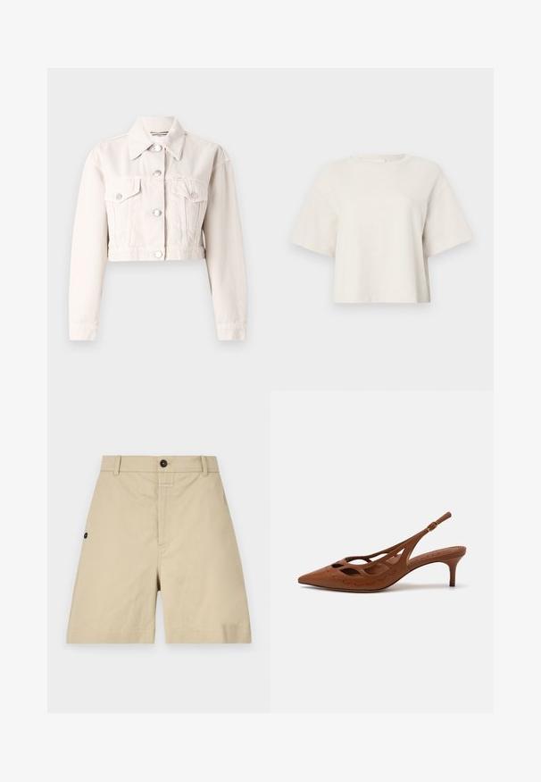 Rövidített világos krémszínű farmerdzseki, nyakkal, két elülső zsebbel, ezüstgombos záródással és enyhén texturált anyaggal.; Tejszínű, rövid fazonú póló bordázott anyagból, kerek nyakkivágással és rövid ujjakkal, laza szabással.; Beige pamut sort, amely normál szabású, gombos záródású, oldzsebes és diszkrét varrással rendelkezik. Sima felszín és térd feletti kialakítás.; Barna bőrszíjjal készült sarok, hegyes orral, kivágott dizájnnal és varrott részletekkel. Karcsú sarokkal és állítható pánttal rendelkezik.