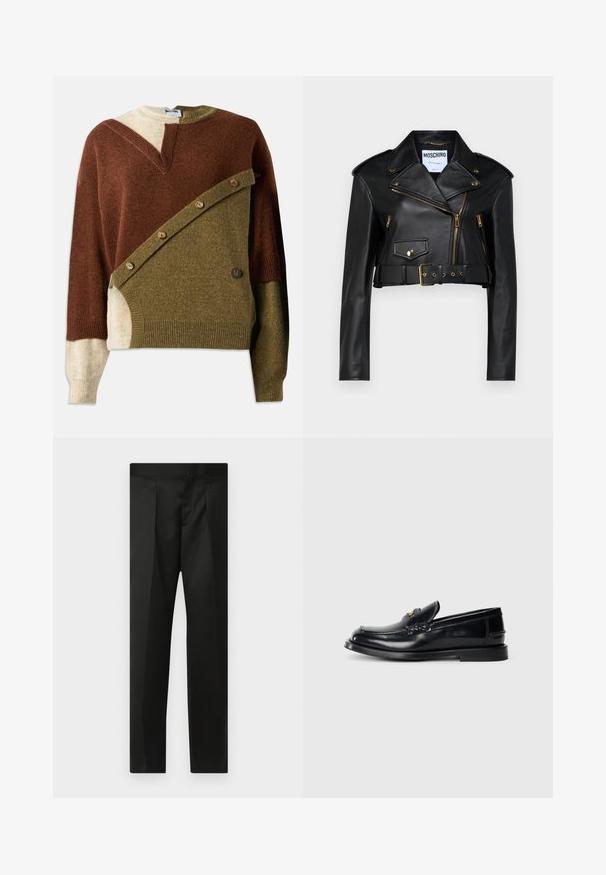 Black leather cropped biker jacket featuring a notched collar, gold zippers, side pockets, and a belted waist with adjustable hardware.; Knitted sweater featuring a mix of brown, olive green, and beige hues. Includes a unique diagonal design with button accents on the front.; Black trousers featuring a smooth fabric, tailored design, straight legs, and a flat waistband with no visible closures or pockets.; Black leather loafer featuring a stitched design, a small front flap, and a flat rubber sole. Smooth texture with gold-tone hardware accent.