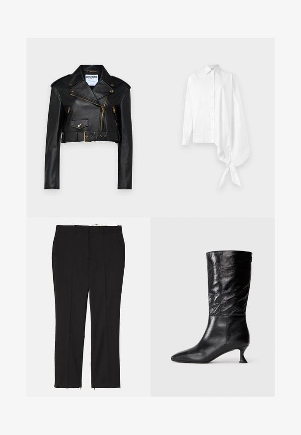 Giubbotto biker cropped in pelle nera con colletto a punte, zip dorate, tasche laterali e vita con cintura dotata di hardware regolabile.; Camicia bianca a maniche lunghe con bottoni, dotata di una manica asimmetrica oversize arricciata legata al polso sul lato destro.; Pantaloni neri su misura con design dritto, dotati di due tasche frontali e cerniere alle caviglie per una vestibilità regolabile. Tessuto liscio.; Stivale in pelle nero a metà polpaccio con punta affilata, texture superiore stropicciata e tacco kitten basso e curvo, su uno sfondo bianco uniforme.