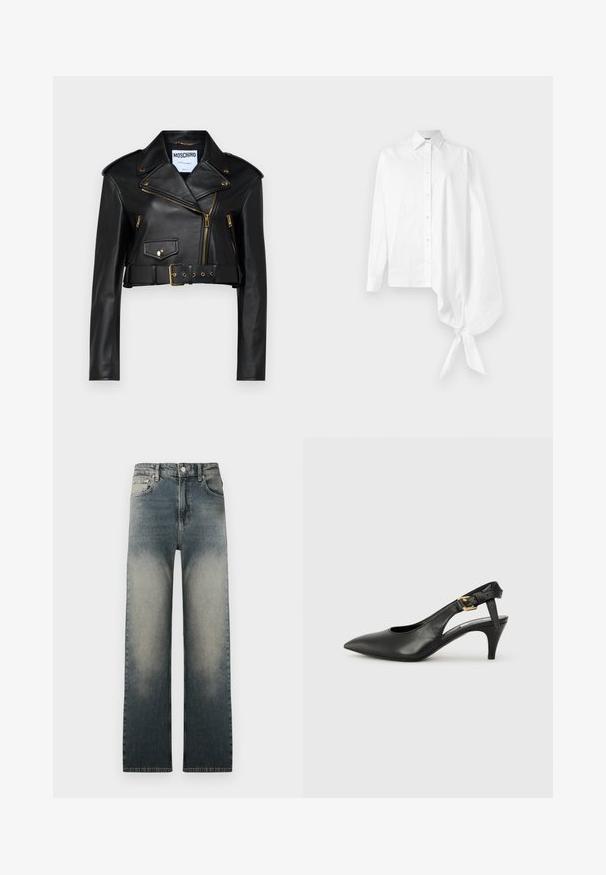 Juodas odinis trumpas motociklininkų švarkas su išpjautu apykakle, auksinėmis užtrauktukais, šoninėmis kišenėmis ir dirželiais ant liemens su reguliuojama furnitūra.; Balta ilga rankovėmis marškiniai su asimetriškos formos per dideliu surinktų rankovių dizainu, surištomis ties riešu dešinėje pusėje.; Aukštos juosmeniu tiesaus kirpimo džinsai su išblukusia šviesia ir tamsiai mėlyna džinsų skalbimo spalva bei klasikinio penkių kišenių dizainu.; Juodas odinis slingback kelnaitė su smailiu pirštu, mažu kulnu ir sagtimi ant kulkšnies dirželio. Lygus paviršius, minimalus dizainas.
