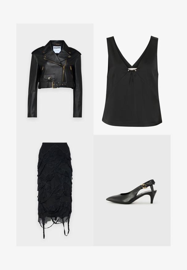 Czarna skórzana kurta motocyklowa z krótkim rękawem, z wyprofilowanym kołnierzem, złotymi zamkami błyskawicznymi, bocznymi kieszeniami oraz paskiem w talii z regulowanym zapięciem.; Czarny bezrękawnik z dekoltem w kształcie litery V, ozdobiony dekoracyjnym węzłem i srebrzystymi akcentami w centrum, wykonany z gładkiego, eleganckiego materiału.; Czarna spódnica z warstwowo ułożonymi akcentami koronkowymi, dopasowaną talią i regulowanymi ramiączkami. Projekt zawiera wzór falisty w całej konstrukcji.; Czarne skórzane szpilki slingback z ostrym noskiem, małym obcasem i zapięciem na klamrę przy pasku kostki. Gładka tekstura, minimalistyczny design.