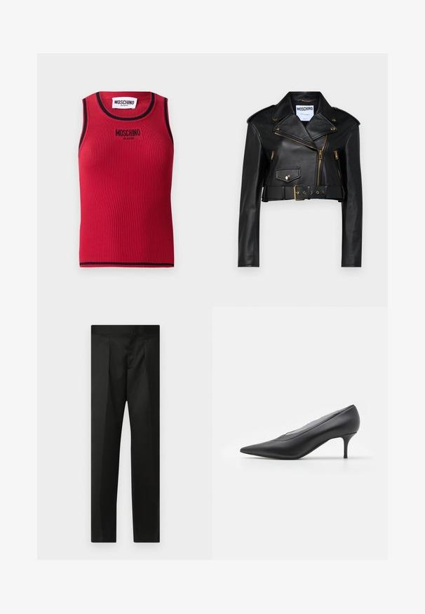 Jachetă de motociclist din piele neagră, scurtă, cu guler tăiat, fermoare aurii, buzunare laterale și o talie cu curea dotată cu accesorii reglabile.; Top fără mâneci, de culoare roșie, cu dungi negre, prezentând un logo „MOSCHINO JEANS” brodat pe față. Design fitted, cu siluetă ajustată.; Pantaloni negri cu un material neted, design croit, picioare drepte și un talie plată fără închideri sau buzunare vizibile.; Pantofii cu toc înalt, ascuțit, de culoare neagră, sunt realizați din piele netedă. Acestea au un toc subțire și un design minimalist, fără embellishmente vizibile.