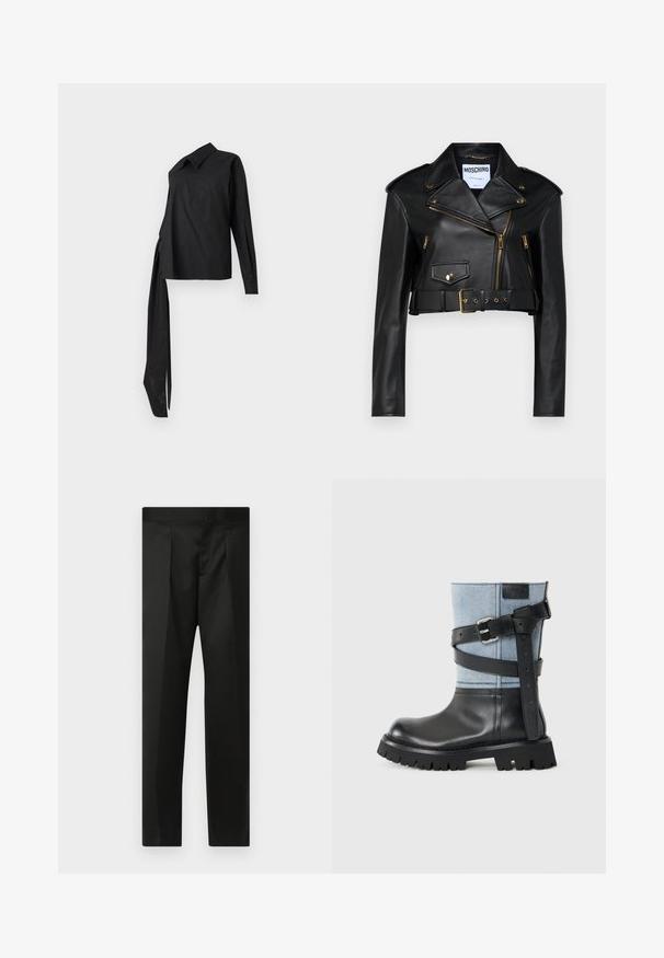 Must musta lõikeline nahkjope, millel on nurgelised kraed, kuldsed tõmblukud, küljetaskud ja reguleeritava riistvaraga vöö.; Must riid pikkade varrukatega, valmistatud siledast kangast, millel on krae, asümmeetriline disain ja pikk küljesideme detail.; Mustad püksid, millel on sile kangas, täpselt valmistatud disain, sirged sääred ja lame vöökoht, ilma nähtavate kinnituste või taskuteta.; Mustad musta nahast pahkluu saapad sinise denimi üleosa, paks must kummitald ja must rihm metallist klambriga detaile.
