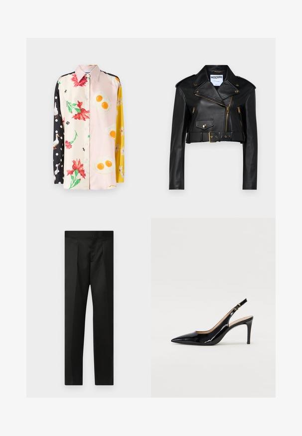 Juodas odinis trumpas motociklininkų švarkas su išpjautu apykakle, auksinėmis užtrauktukais, šoninėmis kišenėmis ir dirželiais ant liemens su reguliuojama furnitūra.; Spalvota mygtukinė palaidinė su gėlių ir maisto raštais; medžiaga - šilkas. Juodi taškeliai ant vienos rankovės; geltoni gėlių akcentai.; Juodos kelnės su lygiu audiniu, pritaikytu dizainu, tiesiomis kojomis ir plokščiu juosmeniu be matomų užsegimų ar kišenių.; Juodas lakinės odos slingback batelis su smailiu nosiu, plonu kulnu ir subtiliu išpjovos dizainu. Yra auksinė sagtis ant dirželio.