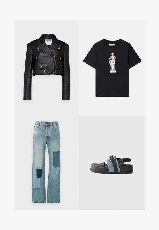 Mustat nahka cropped biker -takki, jossa on viistetyt kaulukset, kultaiset vetoketjut, sivutaskut ja säädettävä vyötärö vyöllä.; Mustat puuvillapaitat, joissa on painettu grafiikka naisesta, joka istuu jalustalla raitapaidassa ja tekstit "Moschino Jeans" alla.; Vaaleanpesu farkut suoralla lahkeella. Sisältää useita kontrastivärejä olevia paikkoja, mukaan lukien sydämen muoto ja systemaattiset ompeluyksityiskohdat.; Musta ja sininen sandaali paksulla alustalla, nahkaisesta ja denimpinnoitteisesta materiaalista, säädettävä solki ja avoin varvasdesign.
