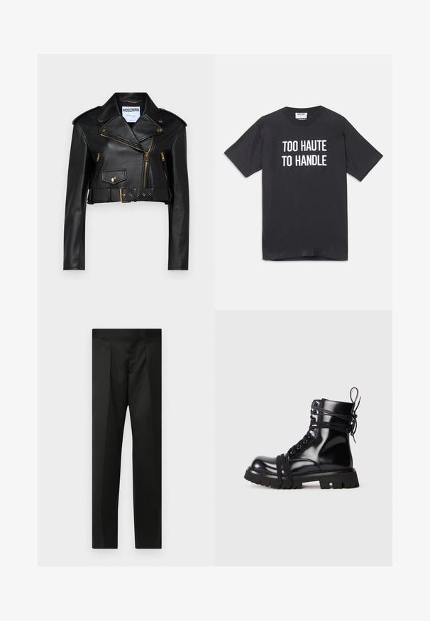 Jachetă de motociclist din piele neagră, scurtă, cu guler tăiat, fermoare aurii, buzunare laterale și o talie cu curea dotată cu accesorii reglabile.; Tricou din bumbac negru cu mâneci scurte și guler rotund, având text alb care spune "PREA HOT PENTRU A FI MANEVRAT" pe față.; Pantaloni negri cu un material neted, design croit, picioare drepte și un talie plată fără închideri sau buzunare vizibile.; Botă din piele lăcuită neagră, cu o talpă masivă, vârf rotund și detalii cu șireturi. Are șireturi înfășurate și un tab de prindere la călcâi.