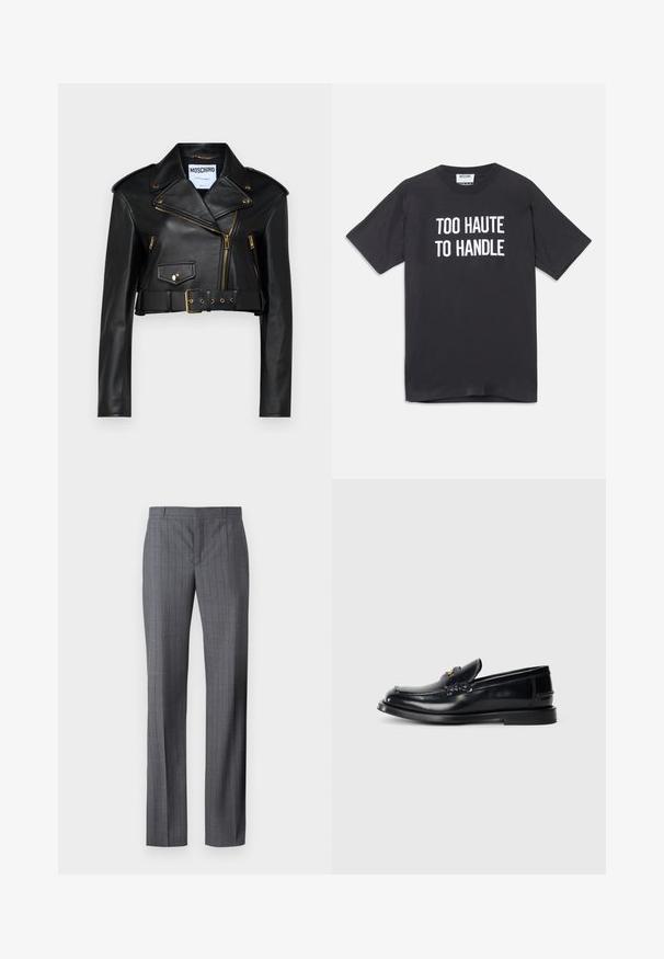 Črna usnjena skrajšana motoristična jakna z zareznim ovratnikom, zlatimi zadrgami, stranskimi žepi in pasom, ki ga je mogoče nastaviti.; Črna bombažna majica s kratkimi rokavi in okroglim izrezom, ki na sprednji strani vsebuje beli napis "PREVISOKO ZA OBVLADOVANJE".; Sive prugaste hlače iz gladkega materiala, z ravnim krojem, ravnim sprednjim delom in brez vidnih žepov ali okrasnih elementov.; Črne usnjene loafer čevlje z izvišeno zasnovo, majhno sprednjo loputo in ravnim gumijastim podplatom. Gladka tekstura z zlatim kovinskim poudarkom.