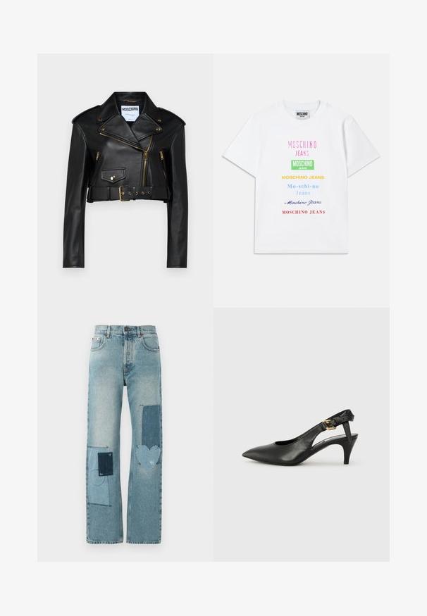 Črna usnjena skrajšana motoristična jakna z zareznim ovratnikom, zlatimi zadrgami, stranskimi žepi in pasom, ki ga je mogoče nastaviti.; Bela bombažna majica s številnimi logotipi v roza, zeleni, rumeni, modri in rdeči barvi, razporejeni vertikalno na sprednji strani.; Svetlo pranje denim hlače z naravnim krojem. Imajo več kontrastnih obližev, vključno s srčasto obliko in sistematičnimi detajli šivanja.; Črne usnjene slingback pumpe z usnjatim vrhom, majhnim peto in sponko na trakcu okoli gležnja. Gladka tekstura, minimalistična zasnova.