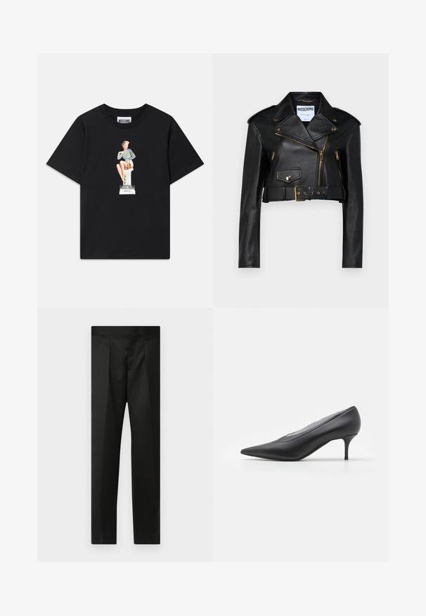 Melna ādas īsā motocikla jaka ar iegriezto apkakli, zelta rāvējslēdzējiem, sānu kabatām un jostu vidukļa daļā ar regulējamu aparatūru.; Melnas kokvilnas t-krekls ar drukātu grafiku, kurā attēlota sieviete svītrainā topā, sēžot uz pedestāla ar tekstu "Moschino Jeans" zemāk.; Melnas bikses ar gludu audumu, pielāgotu dizainu, taisnām kājām un platu jostu bez redzamām aizdaram vai kabatām.; Melnas simtgades augstpapēžu kurpes ar smailu purngalu, izgatavotas no gludas ādas. Raksturīga slaida papēža un minimālistisks dizains bez redzamām rotājumiem.