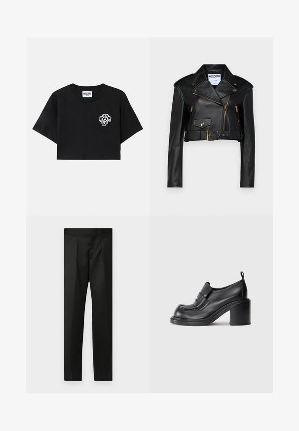 Melna ādas īsā motocikla jaka ar iegriezto apkakli, zelta rāvējslēdzējiem, sānu kabatām un jostu vidukļa daļā ar regulējamu aparatūru.; Melna īsā T-kreklā, izgatavota no kokvilnas, ar baltu ziedu miera zīmi grafiku kreisajā krūtī. Īsas piedurknes un apaļa kakla dizains.; Melnas bikses ar gludu audumu, pielāgotu dizainu, taisnām kājām un platu jostu bez redzamām aizdaram vai kabatām.; Melnas ādas augstpapēžu kurpes ar apaļu purngalu, izteikamu joslu pāri vampam un masīlu papēžu dizainu. Gluda tekstūra ar minimālu šuvju skaitu.