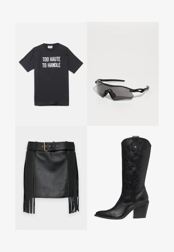 Černá kožená zkrácená motorkářská bunda s klopeným límcem, zlatými zipy, bočními kapsami a páskem v pase s nastavitelným kováním.; Černé bavlněné tričko s krátkým rukávem a kulatým výstřihem, na přední straně s bílým nápisem "TOO HAUTE TO HANDLE".; Černá koženka sukně s třásňovými detaily. Vlastnosti zahrnují široký pásek se zlatou sponou a několika regulačními otvory. Hladký povrch.; Černá kožená kovbojská bota s špičatou špičkou, vysokým podpatkem a dekorativním prošitím ve vzoru blesku po celé ploše.; Sportovní sluneční brýle s kompletním obvodovým černým plastovým rámem, tmavými tónovanými skly a výrazným úhlovým designem. Flexibilní ušní ramena pro pohodlí.