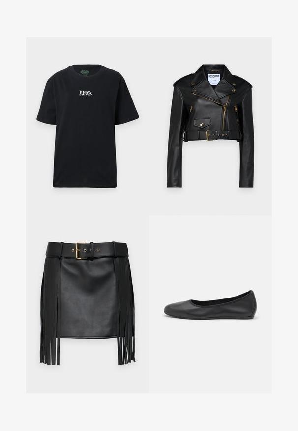 Schwarze Leder-Cropped-Bikerjacke mit einem Reverskragen, goldenen Reißverschlüssen, seitlichen Taschen und einem Taillengürtel mit verstellbarem Beschlag.; Schwarzes Baumwoll-T-Shirt mit lockerer Passform. Mit einem weißen "RVCA"-Logo auf der Vorderseite. Kurze Ärmel und Rundhalsausschnitt.; Schwarzer Kunstlederrock mit fransigen Details. Verfügt über einen breiten Gürtel mit einer goldenen Schnalle und mehreren Einstellungslöchern. Glatte Textur.; Schwarze Leder-Ballettschuhe mit abgerundeter Spitze, glatter Textur, minimalen Nähdetails und einem flexiblen Sohlen-Design.