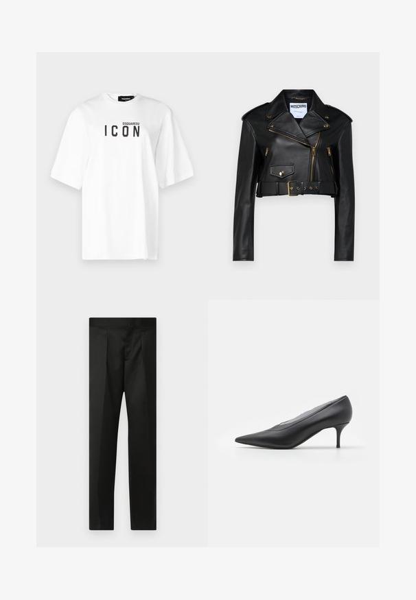 Black leather cropped biker jacket featuring a notched collar, gold zippers, side pockets, and a belted waist with adjustable hardware.; DSQUARED2 ICON TEE - Print T-shirt - white; Black trousers featuring a smooth fabric, tailored design, straight legs, and a flat waistband with no visible closures or pockets.; Black pointed-toe high heel shoe made of smooth leather. Features a slender heel and minimalistic design with no visible embellishments.