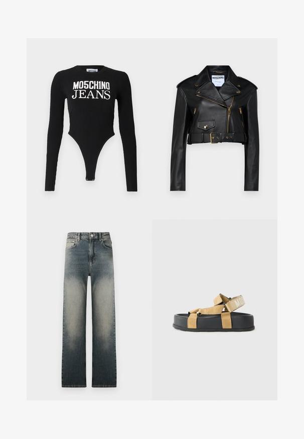 Črna usnjena skrajšana motoristična jakna z zareznim ovratnikom, zlatimi zadrgami, stranskimi žepi in pasom, ki ga je mogoče nastaviti.; Črn bodi z dolgimi rokavi z rebrasto teksturo in natisnjenim napisom "MOSCHINO JEANS" v beli barvi. Ima visoko izrezovanje s tlačnim zapiranjem na dnu.; Visoko pasovi ravne hlače iz denima z zbledelima svetlo in temno modrim pranjem ter klasičnim pet-žepnim dizajnom.; Beige suede sandale z črnimi gumijastimi podplati, z nastavljivimi trakovi in blagovno znamko na zadnjem traku. Ravna zasnova z minimalnim oblazinjenjem.