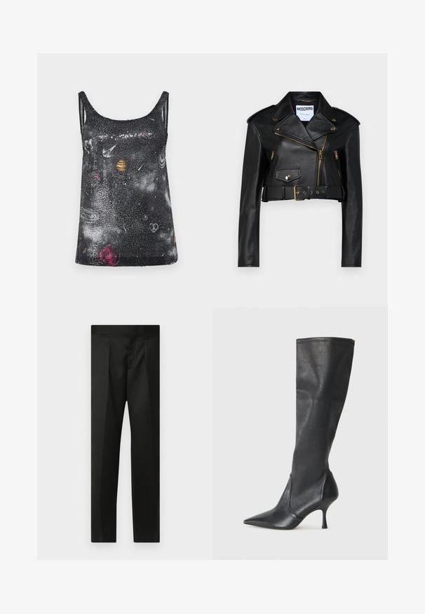 Juodas odinis trumpas motociklininkų švarkas su išpjautu apykakle, auksinėmis užtrauktukais, šoninėmis kišenėmis ir dirželiais ant liemens su reguliuojama furnitūra.; Juodas be rankovių marškinėlis su erdvės tema, vaizduojantis planetas ir žvaigždes, akcentuotas blizgančiu sequin tekstūru.; Juodos kelnės su lygiu audiniu, pritaikytu dizainu, tiesiomis kojomis ir plokščiu juosmeniu be matomų užsegimų ar kišenių.; Juodų odinių batų iki kelių su smailiu pirštu ir plonu stiletto kulnu. Lygus paviršius, pritaikytas dizainas ir siuvimas viršutiniame krašte.