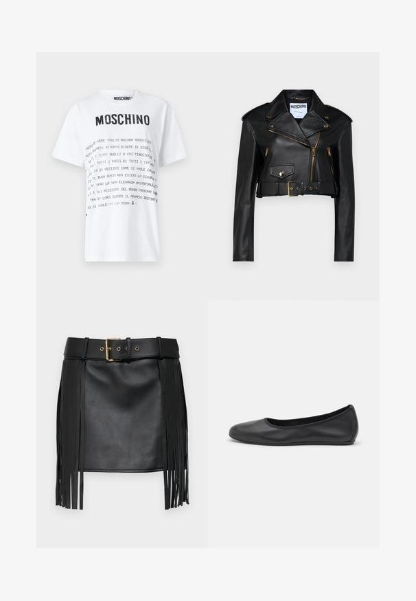 Black leather cropped biker jacket featuring a notched collar, gold zippers, side pockets, and a belted waist with adjustable hardware.; White cotton t-shirt featuring black printed text in varying font sizes, "MOSCHINO" logo at the neckline, and short sleeves.; Black faux leather skirt with fringed details. Features a wide belt with a gold buckle and multiple adjustment holes. Smooth texture.; Black leather ballet flat with a rounded toe, smooth texture, minimal stitching detail, and a flexible sole design.