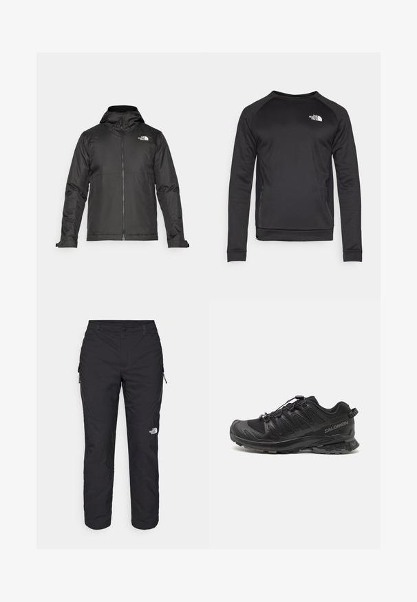 Chaqueta negra con cremallera y capucha, hecha de un tejido suave. Cuenta con un logo en el pecho y puños ajustables para un ajuste ceñido.; Sudadera negra de manga larga con cuello redondo, hecha de un tejido suave. Paneles laterales de malla para mayor transpirabilidad. Presenta un logo blanco en el pecho.; The North Face WINTER EXPLORATION TAPERED CARGO - Pantalones montañeros largos - black; Zapatilla deportiva negra con parte superior de malla, suela de goma y sistema de cordones elásticos. Presenta una puntera reforzada y acentos texturizados.