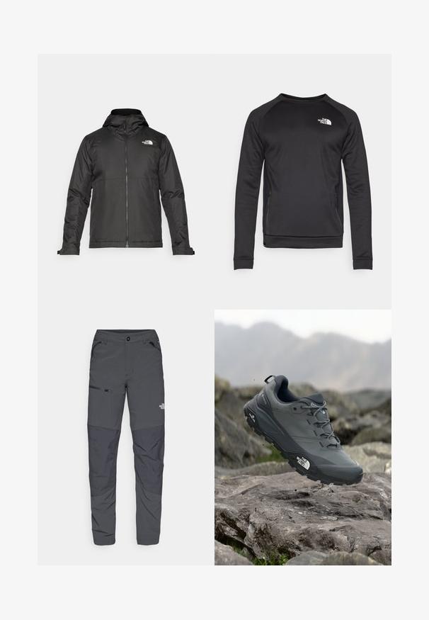 Črna zip-up jakna s kapuco, izdelana iz gladkega materiala. Ima logo na prsih in nastavljive manšete za udobno prileganje.; Črn dolg rokav pulover s kroga ovratnikom, izdelan iz gladkega materiala. Bočni mrežasti paneli za zračnost. Ima bel logo na prsih.; Sive hlače za prosti čas z gladko teksturo, z žepom na zadrgo po strani, ojačanim kolenom in diskretno podrobnostjo logotipa.; Sive teka za trail tek, z teksturirano zgornjimi deli, trpežnim gumijastim podplatom in ojačanim kapico za prste. Ima vezi in logotip blagovne znamke na strani.