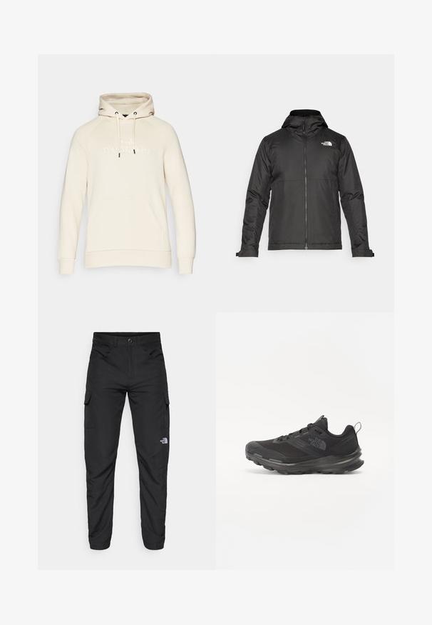 Zwarte zip-up jas met een capuchon, gemaakt van gladde stof. Heeft een logo op de borst en verstelbare manchetten voor een comfortabele pasvorm.; Beige pullover hoodie met een trekkoordcapuchon, kangoeroezak en reliëf "Peak Performance" logo op de voorkant. Zachte stofstructuur.; The North Face HORIZON PANT - Outdoorbroeken - black; Zwarte sportieve sneaker met een bovenkant van mesh, rubberen zool en een zachte kraag. Voorzien van veters, een logo op de zijkant en een gestructureerd ontwerp.