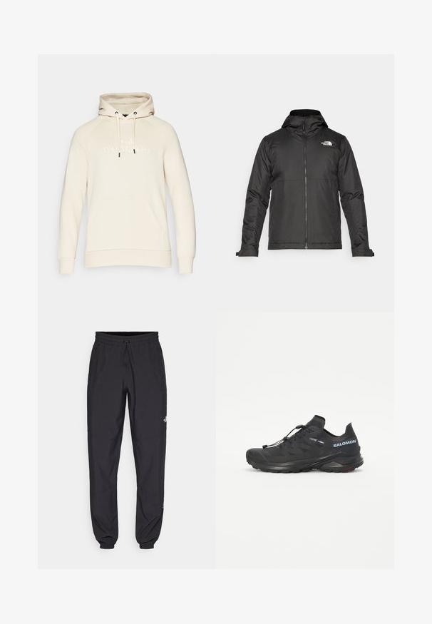 Sort lynlåsjakke med hætte, lavet af glat stof. Har et logo på brystet og justerbare manchetter for en tætsiddende pasform.; Beige pullover hoodie med snørehætte, kængurulomme og præget "Peak Performance" logo på fronten. Blød stoftekstur.; Sorte atletiske bukser lavet af letvægtsstof, med en snor i taljen, sidelommer og tapered manchetter ved anklerne.; Sort trail løbesko med en tekstureret overdel, elastiske snørebånd og Contagrip ydersål. Har en tætsiddende pasform og beskyttende tåhætte.