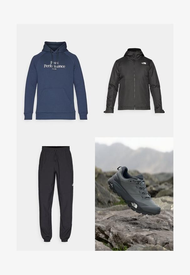 Svart zip-up jakke med hette, laget av glatt materiale. Har et logo på brystet og justerbare mansjetter for en tett passform.; Marineblå hettegenser med frontlomme, snøring i hetten og hvit "Peak Performance" tekst. Laget av mykt stoff med ribbestrikkede mansjetter.; Sorte idrettsbukser laget av lett stoff, med snor i livet, sidelommer og smale mansjetter ved anklene.; Grå terrengløpesko med en teksturert overdel, slitesterk gummisåle og forsterket tåhette. Inkluderer snørebånd og merkevarelogo på siden.