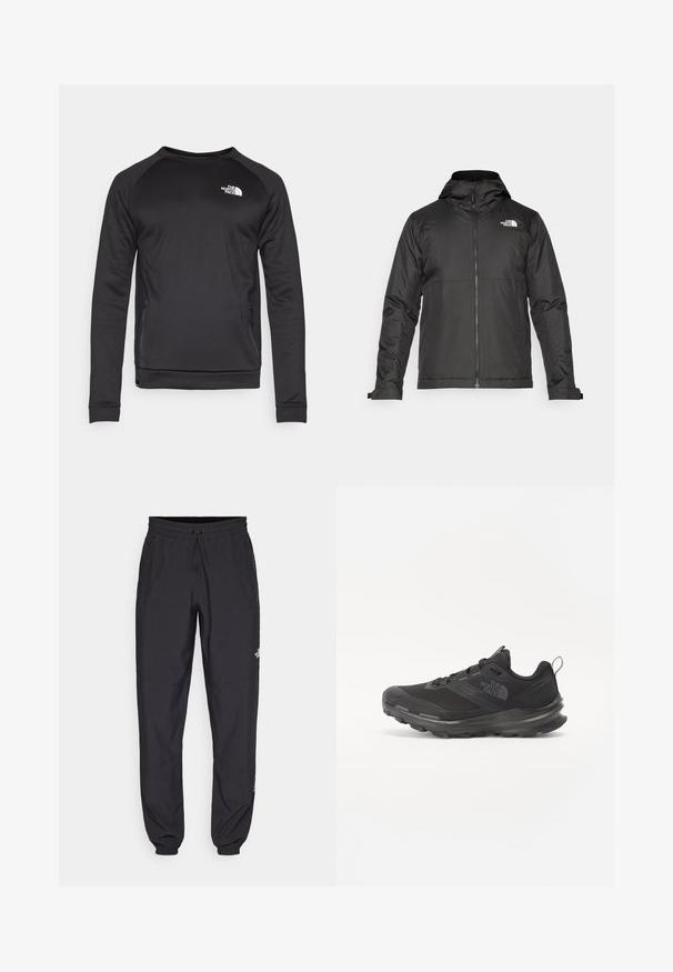 Casaco preto com fecho éclair e capuz, feito de tecido suave. Apresenta um logotipo no peito e punhos ajustáveis para um encaixe perfeito.; Sweatshirt preto de mangas longas com decote redondo, feito de um tecido suave. Painéis laterais em malha para respirabilidade. Apresenta um logótipo branco no peito.; Calças atléticas pretas feitas de tecido leve, com um cós ajustável por cordão, bolsos laterais e punhos afunilados nos tornozelos.; Sapatilha atlética preta com parte superior em malha, sola de borracha e colarinho almofadado. Apresenta atacadores, logótipo de lado e um design texturizado.