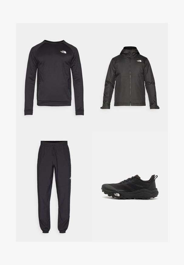 Czarna kurtka zapinana na zamek z kapturem, wykonana z gładkiego materiału. Posiada logo na piersi oraz regulowane mankiety zapewniające dopasowanie.; Czarny długi rękaw sweter z okrągłym dekoltem, wykonany z gładkiego materiału. Boczny panel z siateczki dla lepszej wentylacji. Posiada białe logo na piersi.; Czarne spodenki sportowe wykonane z lekkiego materiału, z elastycznym pasem na sznurek, bocznymi kieszeniami i zwężanymi mankietami przy kostkach.; Czarne buty do biegania w terenie z teksturowaną cholewką, gumową podeszwą i wzmocnionym noskiem. Posiadają wyściełany kołnierz oraz uchwyt do łatwego zakładania.