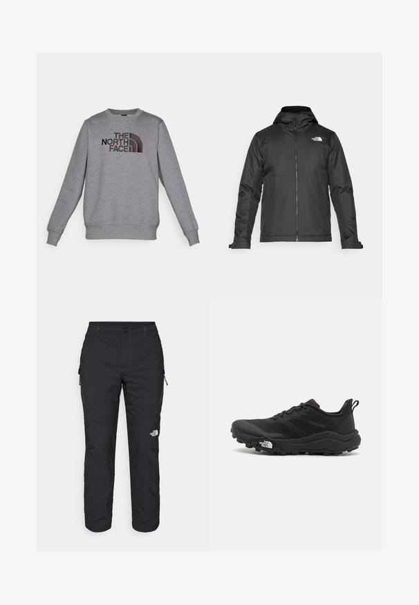 Svart zip-up jacka med huva, tillverkad av mjukt tyg. Funktionen inkluderar en logotyp på bröstet och justerbara ärmslut för en tät passform.; The North Face M DREW PEAK REGULAR CREW - Sweatshirt - medium grey heather; The North Face WINTER EXPLORATION TAPERED CARGO - Friluftsbyxor - black; Svart terränglöparsko med en strukturerad ovandel, gummisula och förstärkt tåhätta. Har en vadderad krage och en dragflik för enkel påtagning.