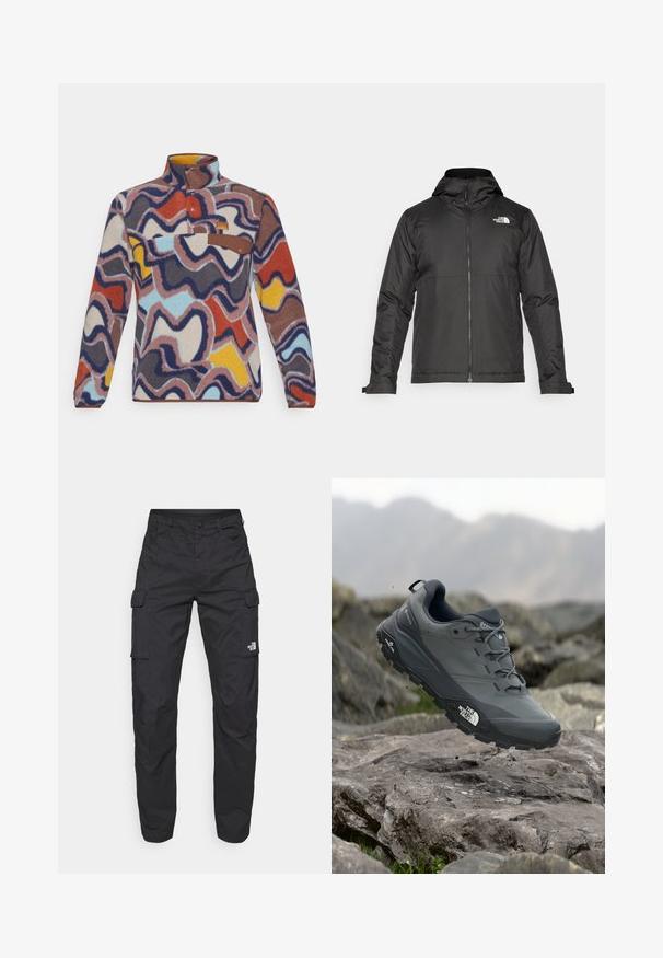 Schwarze Zip-Jacke mit Kapuze, aus glattem Stoff. Verfügt über ein Logo auf der Brust und verstellbare Bündchen für einen engen Sitz.; Fleece-Pullover mit hohem Kragen, der ein mehrfarbiges wellenförmiges Muster in Rot, Blau, Gelb und Braun aufweist. Braune Akzenttasche mit Knopfverschluss.; The North Face EXPLORATION PANTS - Cargohose - black; Grau Trailrunning-Schuh mit einer strukturierten Oberseite, haltbarer Gummisohle und verstärkter Zehenkappe. Verfügt über Schnürsenkel und ein Markenlogo an der Seite.