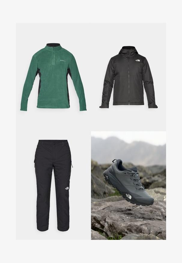 Crna majica sa zatvaračem i kapuljačom, izrađena od glatke tkanine. Ima logo na prsima i podesive manžete za udobno pristajanje.; Zeleni flis šućur s četvrtim zatvaračem, crnim bočnim panelima i dugim rukavima. Ima glatku teksturu i mali logo na prsima.; The North Face WINTER EXPLORATION TAPERED CARGO - Hlače za otvoreno - black; Sive trail trkačka cipela s teksturiranim gornjim dijelom, izdržljivom gumenom potplatom i ojačanim vrhom. Ima vezice i logotip branda sa strane.
