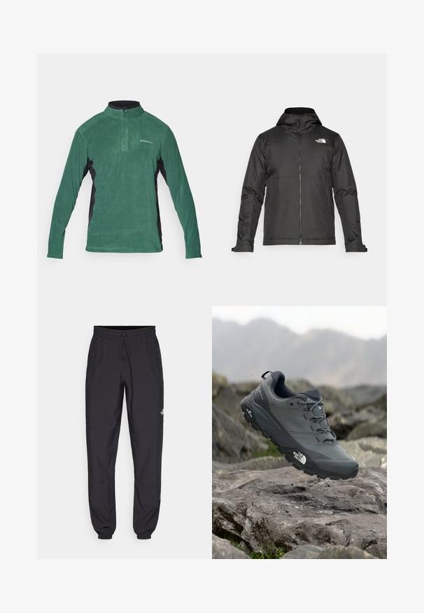 Black zip-up jacket with a hood, made of smooth fabric. Features a logo on the chest and adjustable cuffs for a snug fit.; Green fleece pullover with a quarter zip, black side panels, and long sleeves. Features a smooth texture and a small logo on the chest.; Black athletic pants made from lightweight fabric, featuring a drawstring waistband, side pockets, and tapered cuffs at the ankles.; Grey trail running shoe with a textured upper, durable rubber sole, and reinforced toe cap. Features laces and brand logo on the side.